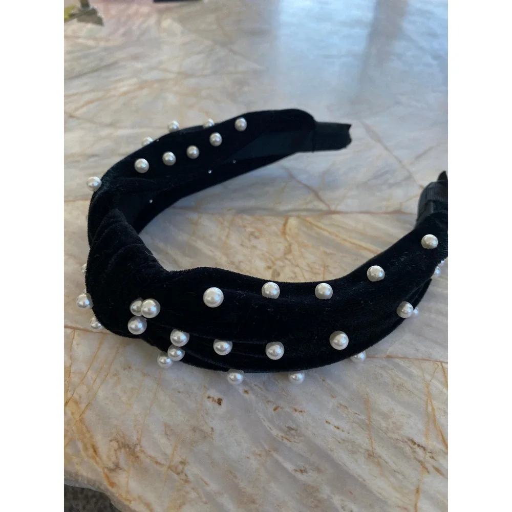 Black Velvet Faux Pearl Top Knot Headband Wide Statement Hair Accessory